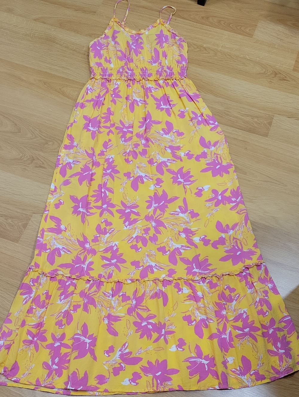 Jessica Simpson Yellow Maxi Dress with Pink Floral Pattern